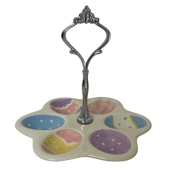Easter Egg Tray Colorful Ceramic Platter Holds Six Dyed Eggs Silver Tone Handle - Picture 6 of 7
